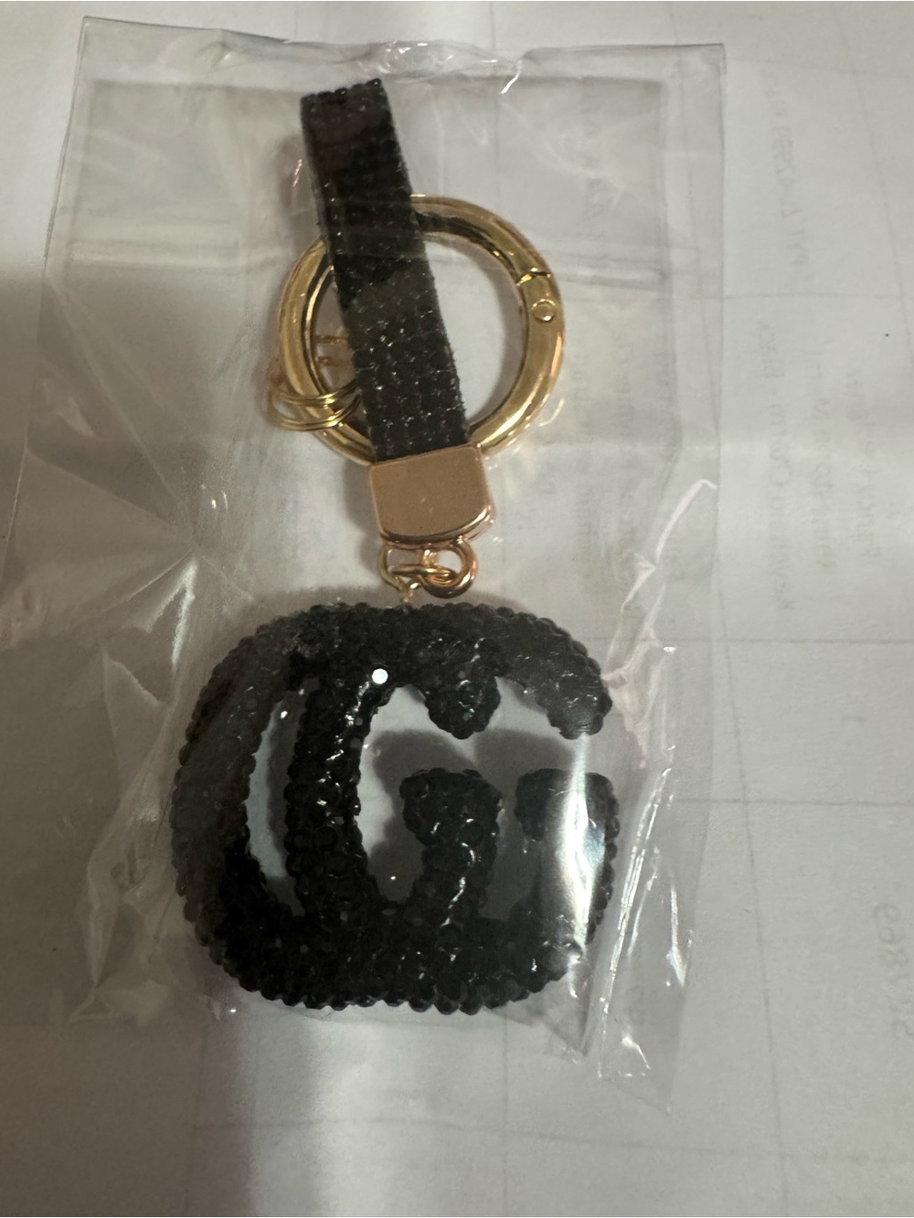 Black Rhinestone Keychain Charm with Gold Hardware